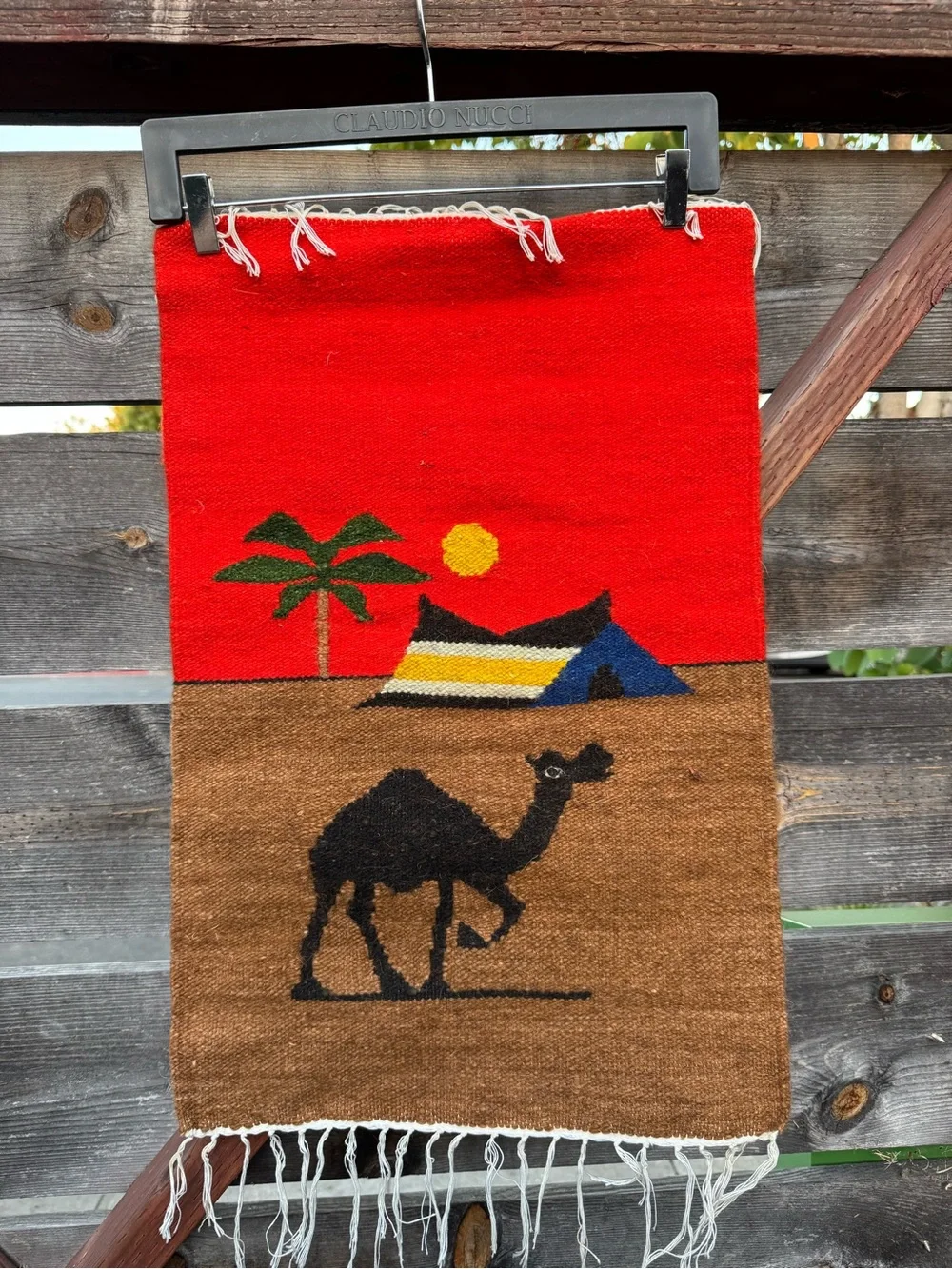 Vintage Handwoven Wool Egypt Tapestry Boho Desert Camel Wall Hanging 24x15 Art